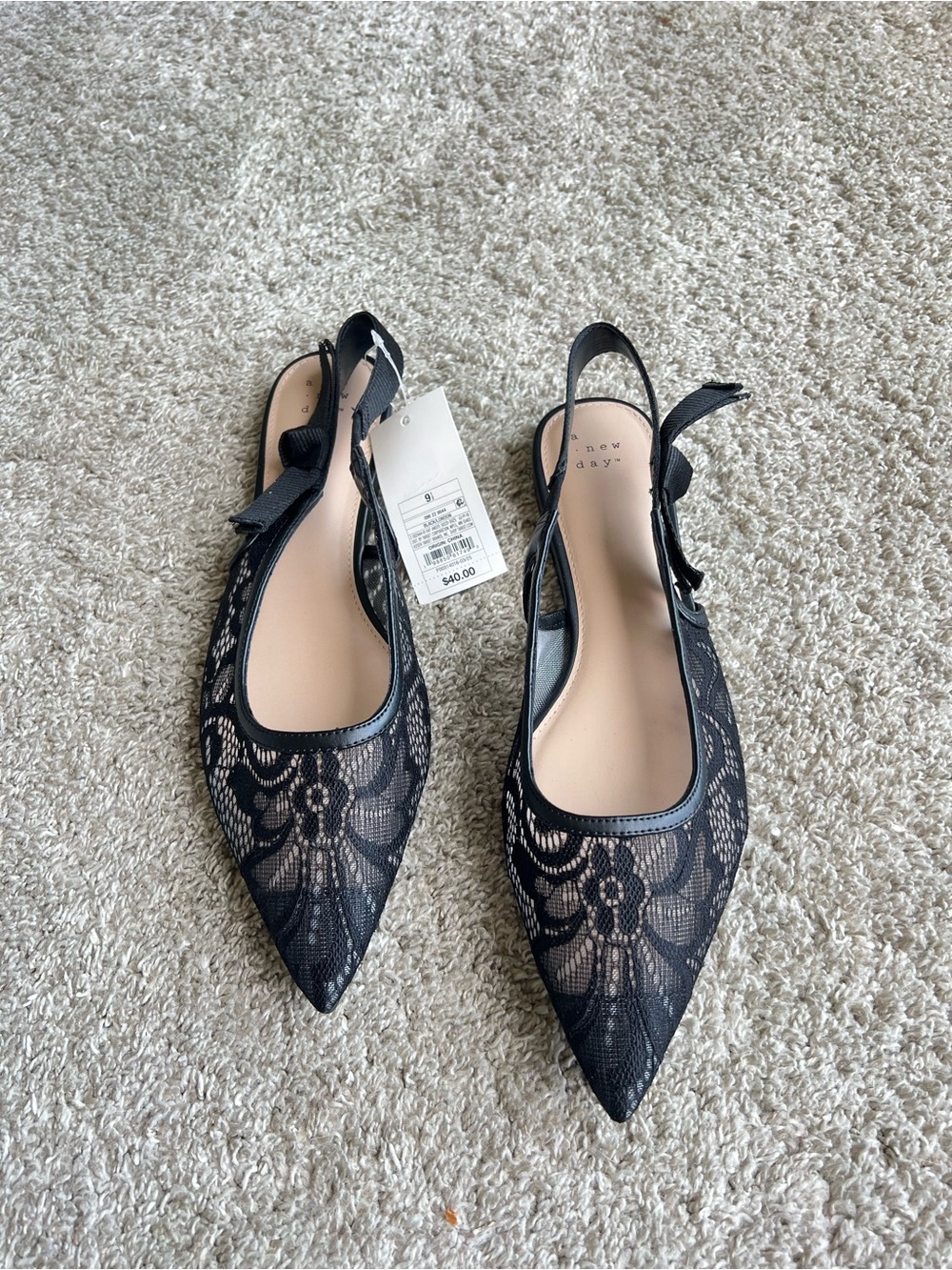 a new day Black Lace Pointed Slingback Flats
